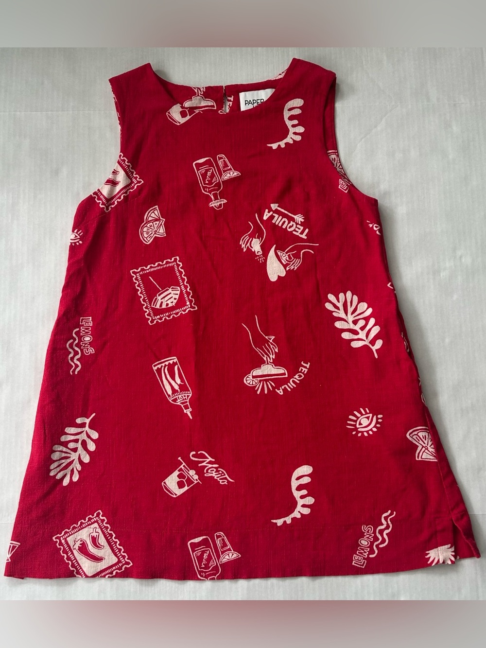 Paper Heart Linen Blend Red and White Tequila Print Mini Dress Size Medium